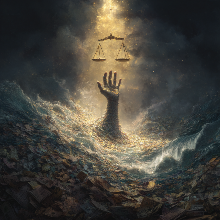 Child Custody cases and the cost. Surreal illustration: a vast stormy sea made of swirling overdue bills, credit statements, and debt notices. A human hand reaches upward from the water toward glowing golden Scales of Justice in the sky. Epic symbolism, emotional tone, hope through hardship, dramatic lighting, painterly detail, digital art, Studio Ghibli meets Norman Rockwell realism, inspirational, heroic tone