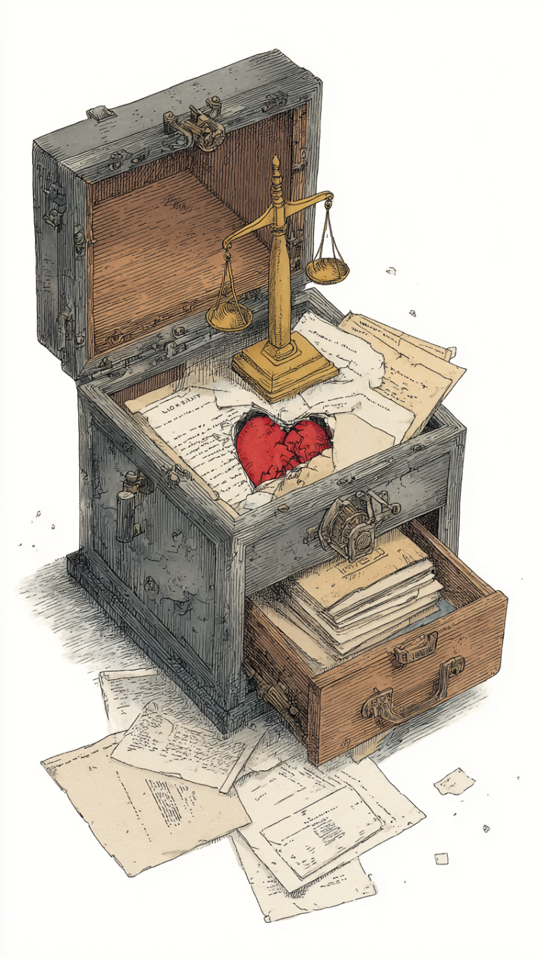 Domestic Violence and property distribution.illustration of a vintage safe slightly open, revealing half of a broken valentine heart inside, scales of justice and legal documents resting on top of the safe, hand-drawn style, soft pencil and ink lines, muted colors, metaphorical, emotional, symbolic, no photorealism, no graphic imagery